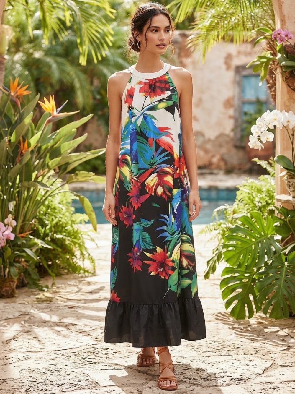Signature Collection Tropical Floral Halter Maxi Dress  Size S